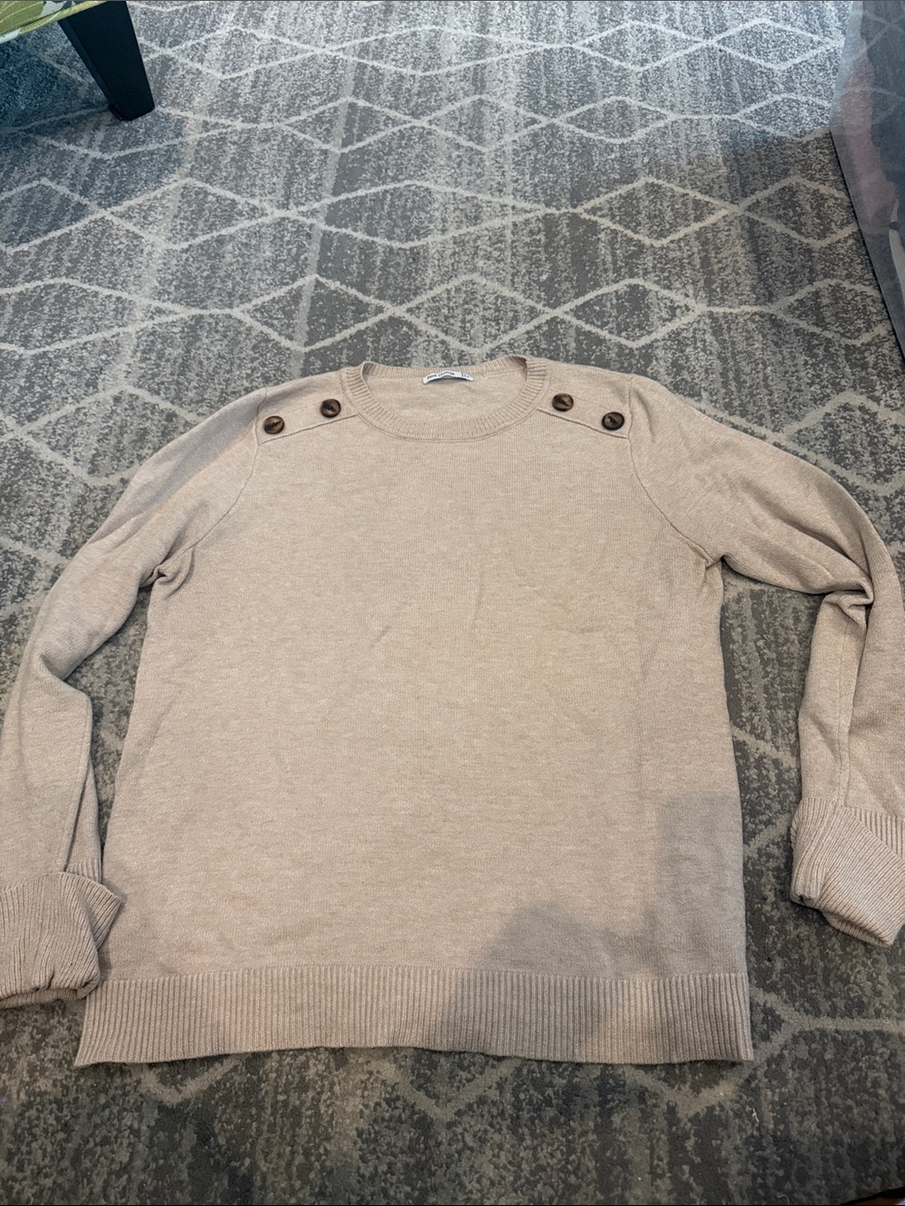 Pink Clover Neutral Beige Crewneck Sweater with Shoulder Buttons
